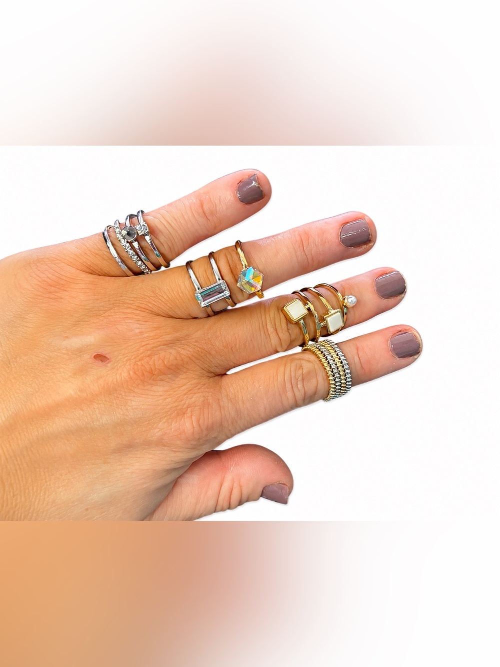 Mixed Ring Lot Size 6 Gold Silver Tone Crystal Pearl Stackable Rings